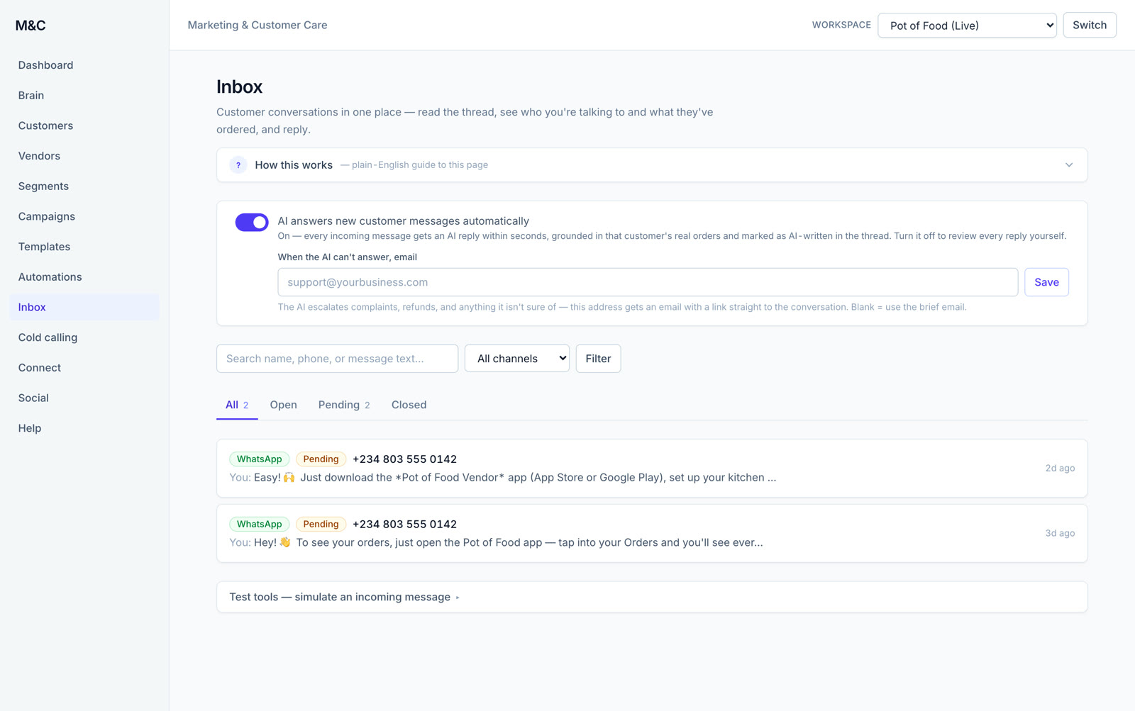 The shared inbox: every customer conversation in one list, with a switch that lets the AI answer new messages and an address for escalations.