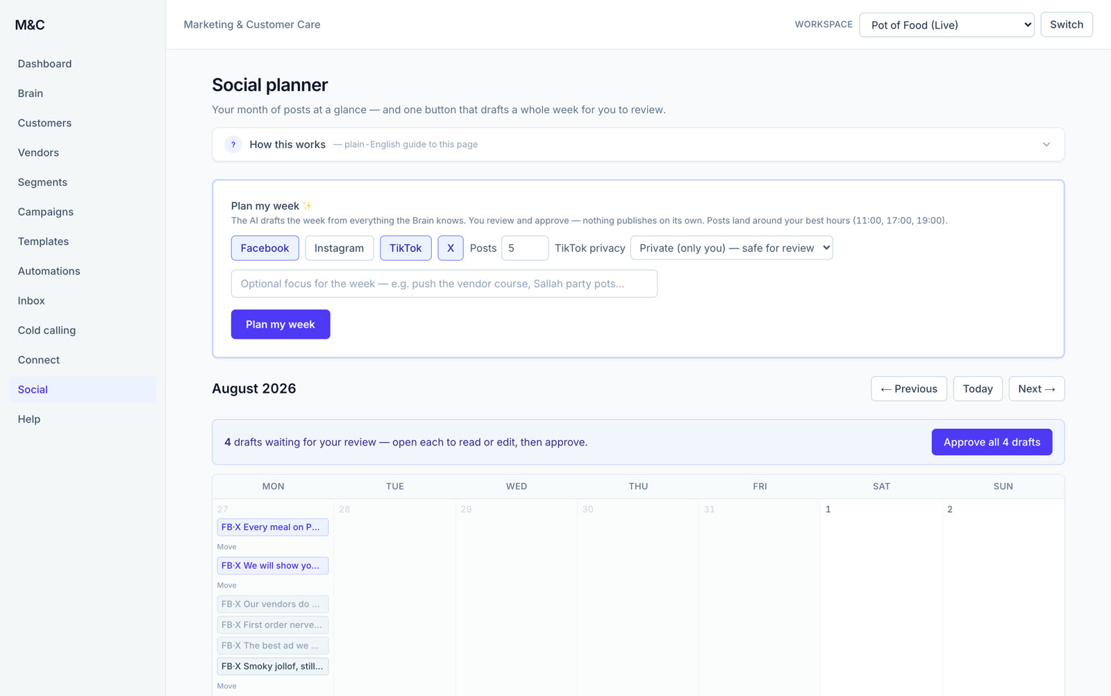 The social planner: a month calendar of scheduled posts with a Plan my week panel for choosing platforms and post count.